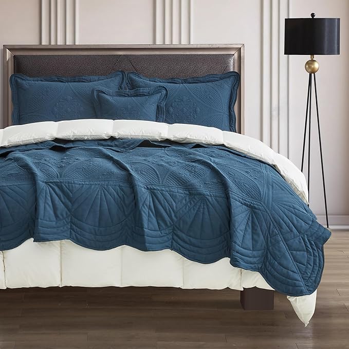 Oversized Bedspread - King Size Bedding Cover - Modern & Contemporary Coverlet Set, Real Stitching, Reversible, Lightweight, 5 Piece, Navy