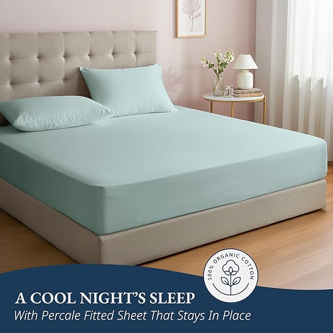 LANE LINEN Twin XL Fitted Sheets, 100% Organic Cotton 2-Piece Set (1 Fitted Sheet, 1 Pillowcase), Percale Weave, Soft, Breathable, Fits Mattress Upto 15" Deep - Cool Blue (No Flat Sheet)