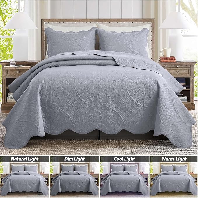 MOONLIGHT20015 Twin Quilt Bedding Set Size (66" x 86 ") + 1 Pillow Shams (20" x 26" + 2") - 2 Pcs All Season Lightweight Reversible Microfiber Coverlet Floral Embossed Quilt Bedspread (Silver)