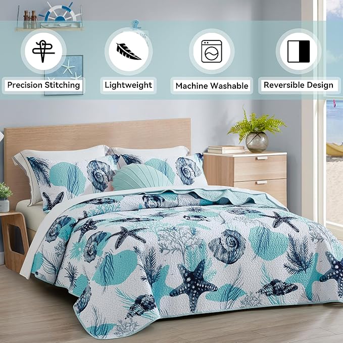 Tritard 3 Piece Coastal Full/Queen Quilt Sets Nautical Reversible Lightweight Bedspread Coverlet with 2 Shams Blue Starfish Conch Beach Microfiber Bedding Quilt Set for All Season, 90''x96''