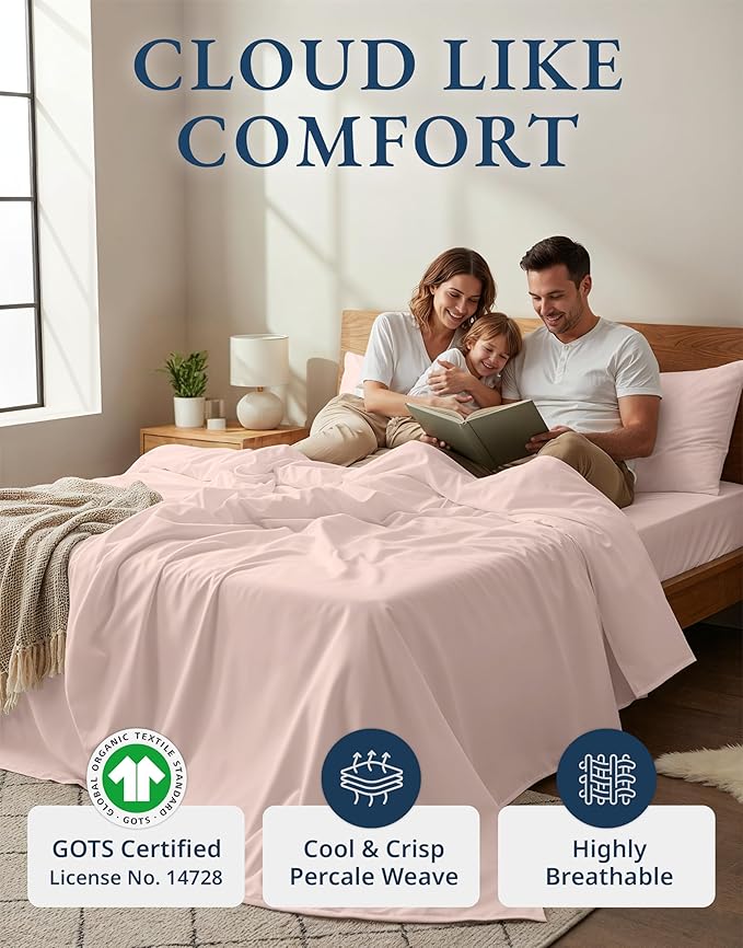 LANE LINEN Eco Friendly 100% Organic Cotton Sheets Queen Size, Mercerized Cotton Fully Elasticized Reinforced Seams Low Pill Fade Resistant Hotel Luxury Bed Sheets Set- Dusty Rose