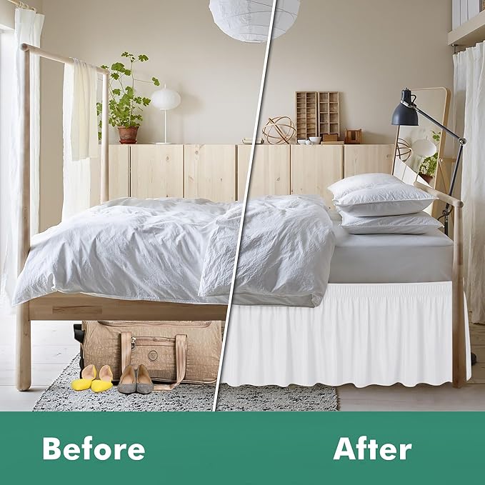 Biscaynebay Wrap Around Bed Skirts with Split Corners for Queen Beds 16" Drop, White Elastic Dust Ruffles Adjustable Easy Fit Wrinkle & Fade Resistant Silky Luxurious Fabric Machine Washable