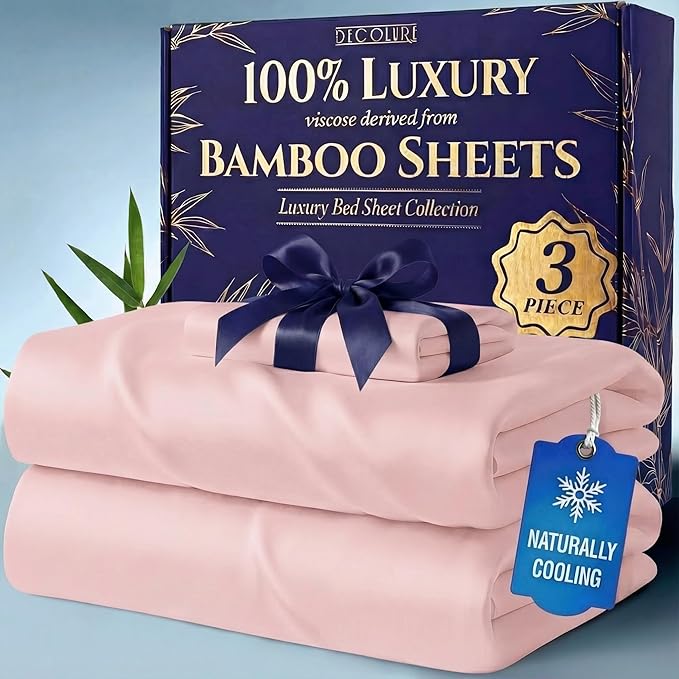 DECOLURE 100% Viscose Derived from Bamboo Sheets Twin Size - Luxury 3 Pc Naturally Cooling Sheets, Ultra Soft Bed Set - Deep 17" Pockets, Durable Double Stitching, Oeko Tex Standard (Light Pink)