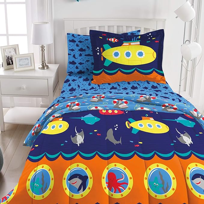 dream FACTORY Kids 7-Piece Complete Set Easy-Wash Super Soft Microfiber Comforter Bedding, Full, Navy Submarine