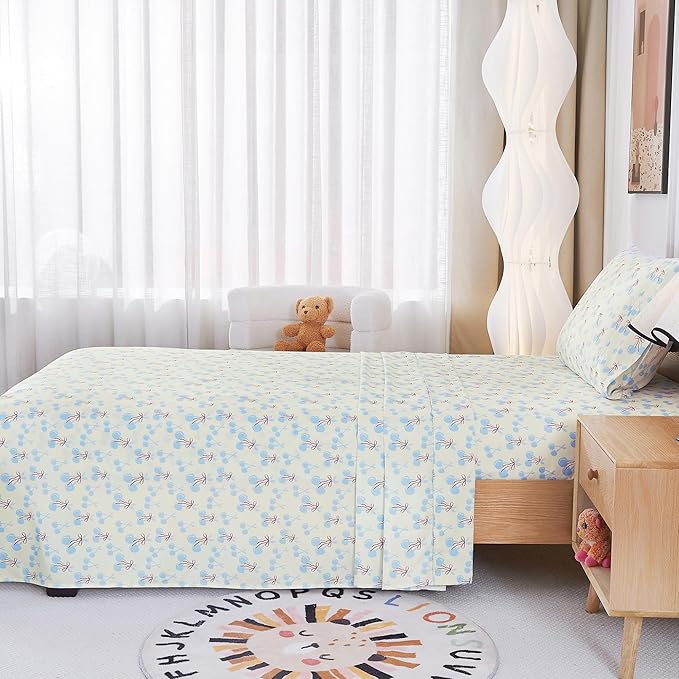 Kids Sheet Set Twin Size, Twin Sheet Set with Blue Cherry Pattern，Breathable Silky Soft Microfiber Kids Fitted Sheet