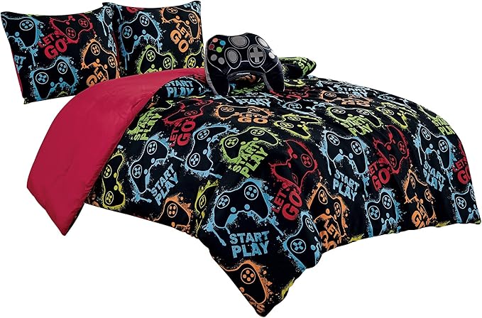 Chezmoi Collection Gamer Bedding 4-Piece Video Games Gamepad Microfiber Comforter Set for Boys Kids Teens Full/Queen Size (Oversized Twin)