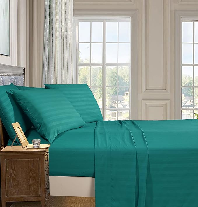 Elegant Comfort Best, Softest, Coziest 6-Piece Sheet Sets! - 1500 Premier Hotel Quality Luxurious Wrinkle Resistant 6-Piece Damask Stripe Bed Sheet Set, California King Turquoise