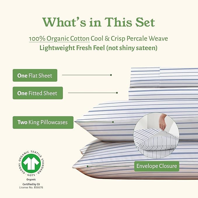 California Design Den King Bed Sheets Stripe, 100% Organic Cotton Percale Sheets, Deep Pocket King Sheets & Pillowcase Set - Blue Stripe