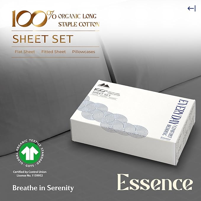 Mayfair Linen 100% Organic Cotton Sheets Twin XL Size - 3 PC Organic Cotton Twin XL Size Percale Weave Sheet Set, Soft, Cooling, Crisp & Breathable, 16" Deep Pocket Hotel Quality Bedding - Dark Grey
