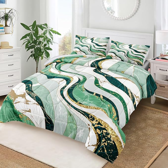 Bedbay Green Gold King Comforter Set 4 Pcs Abstract Marble Bedding Set for Boys Teen Adults Soft Cozy Lightweight Fluid Marble Bedding for All Seasons 1 Comforter 2 Pillowcases 1 Cushion Cover
