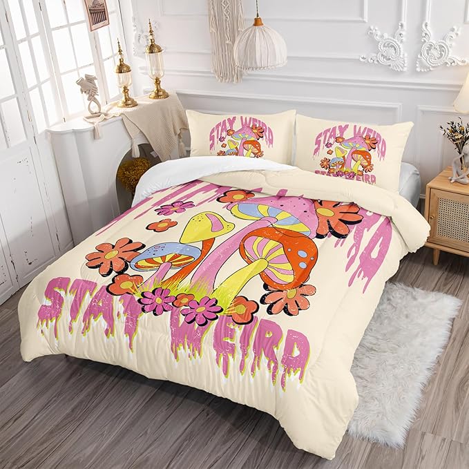 Axolotl Cartoon Mushroom Comforter Set Full,Colorful Mushrooms Bedding Girls Bedding Set,Floral Comforter Set Red Pink Flower,Cute Mushroom Bedding Set for Kids Boys Girls Teens,1 Quilt 2 Pillowcases