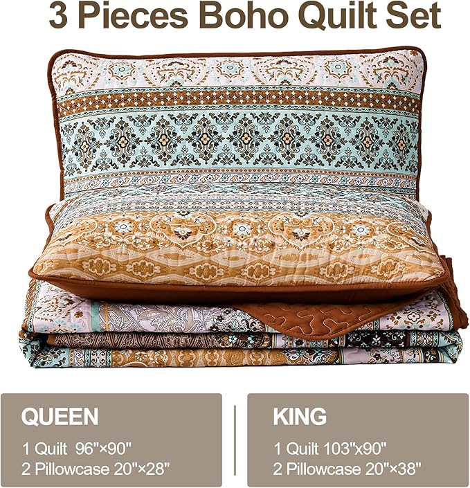WONGS BEDDING Boho Fall Queen Quilt Set, Brown Bohemian Queen Quilt Bedding Set, Lightweight Microfiber Bed Decor Bedspread for All Season 96"x90"(3 Pieces)