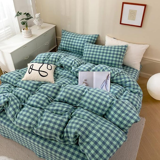 mixinni Green Gingham Grid Duvet Cover Queen, 100% Washed Cotton Modern Geometric Bedding Set with 2 Pillowcases, Farmhouse Style Blue Plaid Comforter Cover Set for Men & Women, Soft & Lightweight