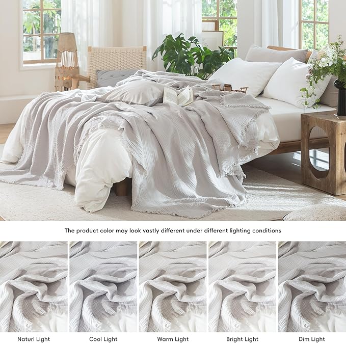 MooMee Muslin Blanket - 100% Cotton 4-Layer Gauze Throw Blanket with All-Around Fringe, Ultra-Soft Breathable Lightweight Cooling Decorative for Bed, Sofa & Couch (Light Grey,King 104" x 90")