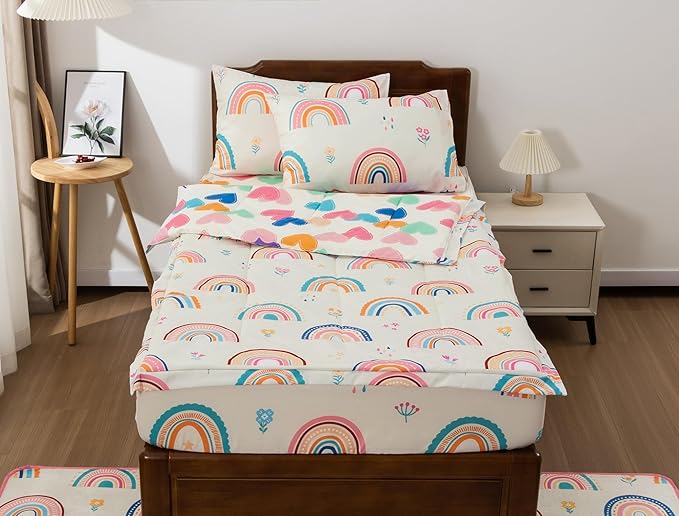 Meeting Story 3pcs Kids Comforter Sets Zipper Bedding Set for Girls,Twin Kid Bedding Set Rainbow Comforter Flower Bedding for Kid,All in one Zipper Bedding（Beige,Twin）