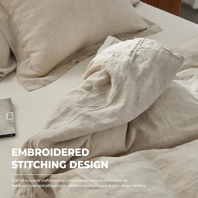 Simple&Opulence 100% Washed Linen Duvet Cover with Embroidered, 3 Pieces Soft Farmhouse Comforter Set with Button Closure, 1 Duvet Cover and 2 Pillowshams(Full,Natural Linen)