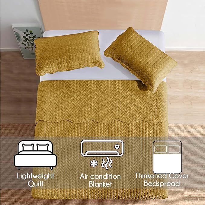 IR Imperial Rooms California King Quilt Bedding Set Size (118"x106") + 2 Pillow Shams (20" x 36"+ 2") - 3 Pcs All Season Reversible Microfiber Coverlet Embossed Quilt Bedspread (Ochre)