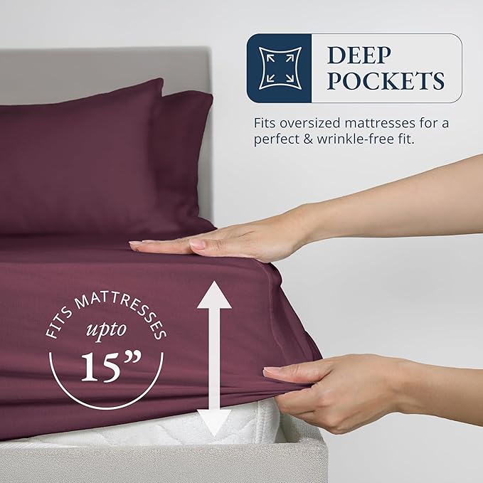 LANE LINEN 100% Organic Cotton Twin Fitted Sheet, 2-Piece Set (1 Fitted Sheet, 1 Pillowcase), Percale Weave, Lightweight, Soft, Breathable, Fits Mattress Upto 15' Deep - Windsor Wine (No Flat Sheet)