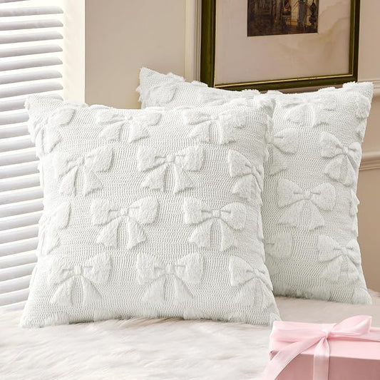 MIULEE Pure White Bow Pillow Covers Coquette Room Decor Aesthetic Set of 2 Decorative Cute Girl Vlentine Pillow Covers Spring Soft Plush Faux Pillowcase for Preppy Room Decor Bedroom Couch,18x18 Inch