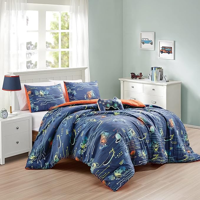 Chezmoi Collection 3-Piece Boys Twin Bedding Sets Sports Soft Microfiber Blue Orange Multi-Color Video Games Controller Skateboard Kids Comforter Set Twin Size