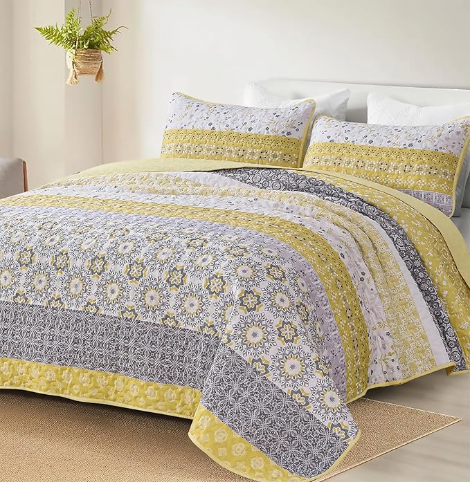 WONGS BEDDING Boho Quilt Set Full Size, Yellow Bohemian Striped Patchwork Bedspread Coverlet Set with 2 Pillowcases,Lightweight Microfiber Floral Bedding Set 78"×90"