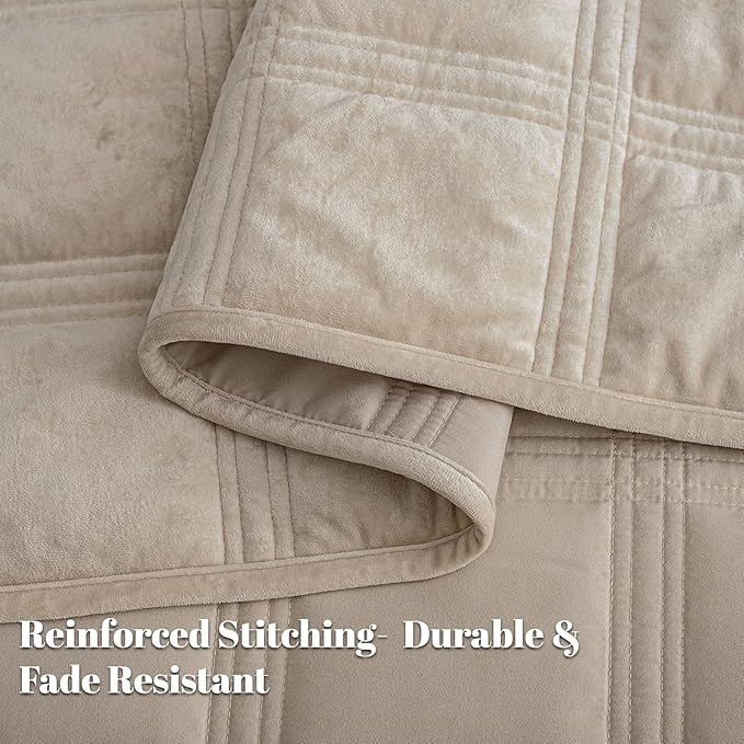 PHF Ultra Soft Velvet Quilt Set Queen Size – 3PCS Luxurious Cozy Quilted Comforter Alternative with Diamond Pattern, Warm Quilted Bedspread Coverlet, 90" x 92", Oxford Tan