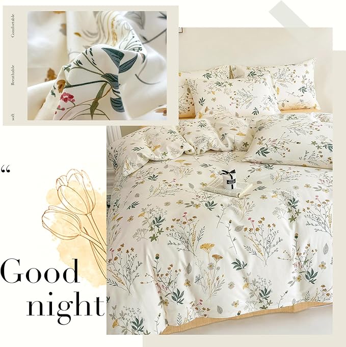 Cotton Duvet Cover King Botanical Bedding Set Yellow Floral Duvet Cover Set King Cottagecore Coquette Comforter Cover with Zipper,Garden Style Green Branches Bedding Duvet Cover Chic King 3 Piece