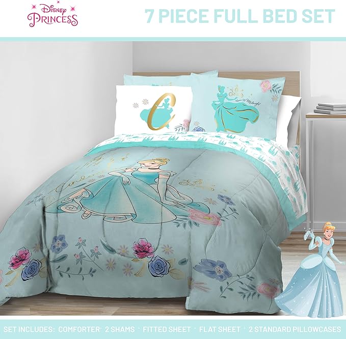 Jay Franco Kids Comforter Set Includes Sheets and Pillow Covers - Soft and Cozy Bed Set for Stylish Room Decor, Official Licensed Bedding, Blue - Princess Cinderella, 7 Piece Full