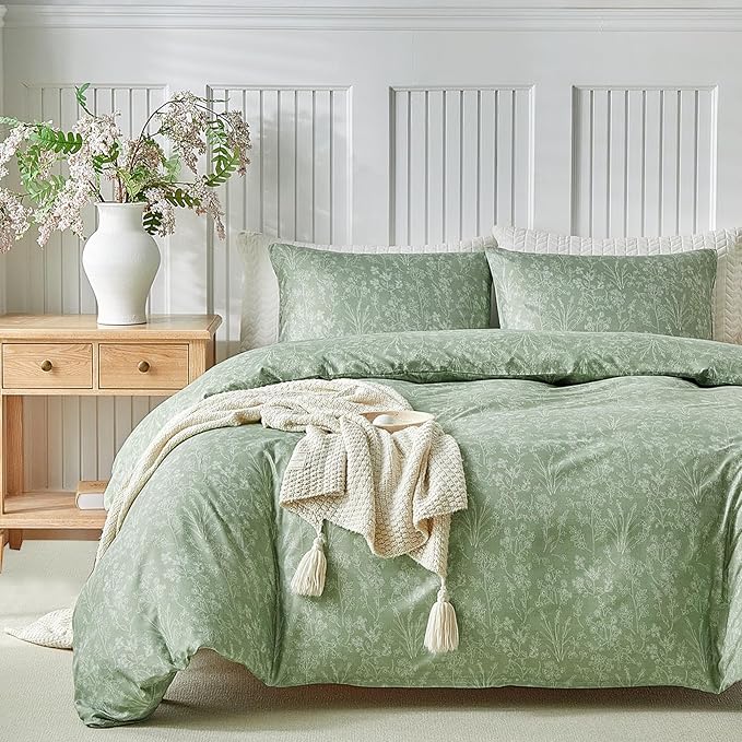 Lekesky Queen Size Duvet Cover Set, White Floral Pattern Queen Size Duvet Cover, 3 Piece Green Comforter Cover with Zipper, Ultra Soft Microfiber Bedding Set with 2 Pillowcases