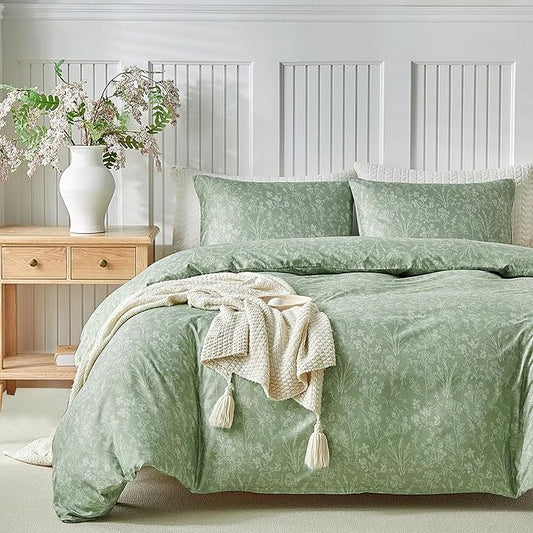 Lekesky Queen Size Duvet Cover Set, White Floral Pattern Queen Size Duvet Cover, 3 Piece Green Comforter Cover with Zipper, Ultra Soft Microfiber Bedding Set with 2 Pillowcases