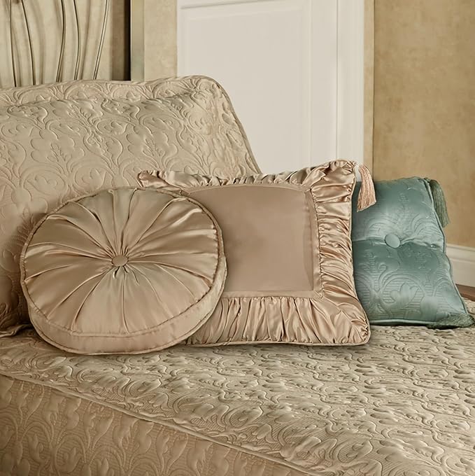 Cambridge Classic Luxury Bedding | Neutral Wheat Solid Color Polyester Satin | Elaborate Damask Quilting | 5 Pc Bed Set: Twin Bedspread, Standard Sham, & 3 Decorative Pillows | Also Fits Twin XL Beds