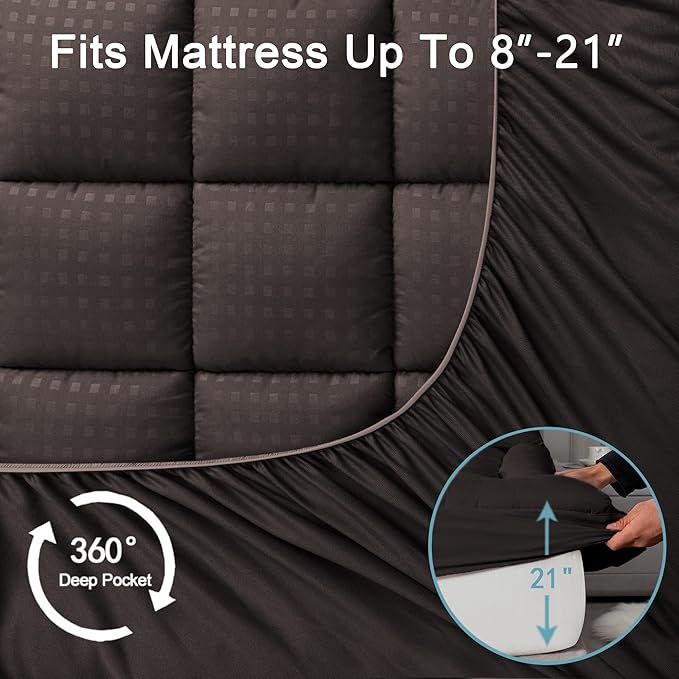 HYLEORY King Mattress Pad Quilted Fitted Mattress Protector Cooling Pillow Top Mattress Cover Breathable Fluffy Soft Mattress Topper with 8-21" Deep Pocket, Brown