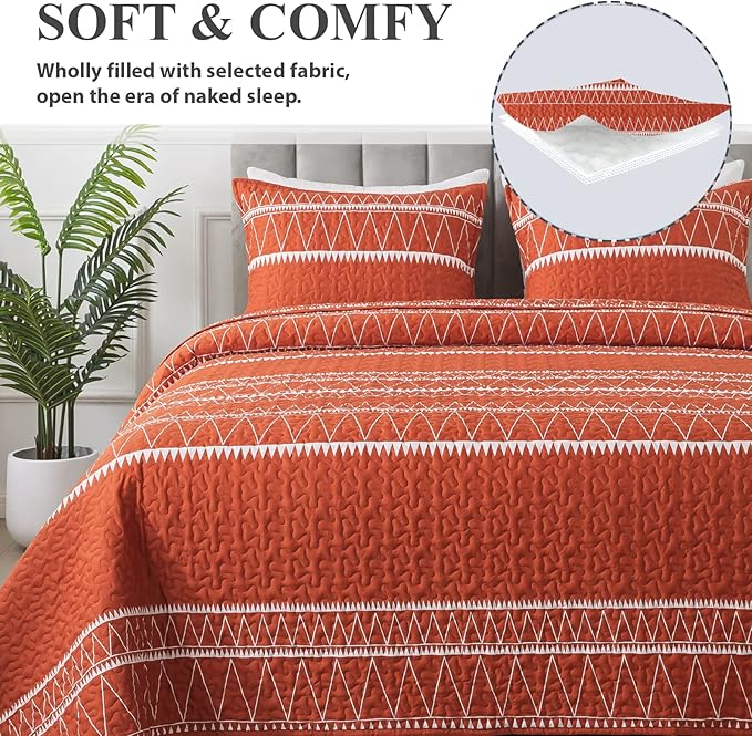 Andency Terracotta California King Quilt Set, 3 Pieces Boho Lightweight Soft Striped Cal King Bedspread for All Season (112"x104"), Printed Bohemian Microfiber Reversible Coverlet Comforter Sets