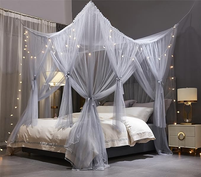 VETHIN 4 Corners Post Princess Bed Canopy Curtain Double Layer Cozy Drape Netting 4 Opening Mosquito Net for Girls & Adults Bedroom Decoration Accessories (Double Gray, 47" W*78" L*82"*H/Twin)