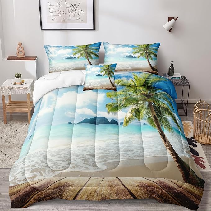 Bedbay Twin Comforter Set Beach Themed Bedding Twin Size Quilted Duvet Set Tropical Palm Tree Beach Comforter Set for Boys Girls Soft Microfiber Coastal Bedding for All Seasons