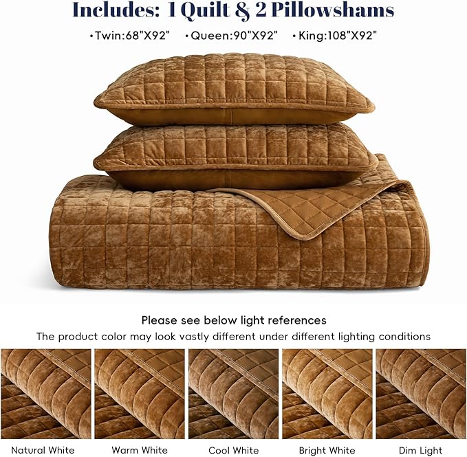 PHF Luxurious Velvet Quilt Set Queen Size – 3PCS Super Soft Quilted Comforter Alternative with Square-Box Quilt Pattern, Warm Quilted Bedspread Coverlet, 90" x 92", Rusty Burnt Orange