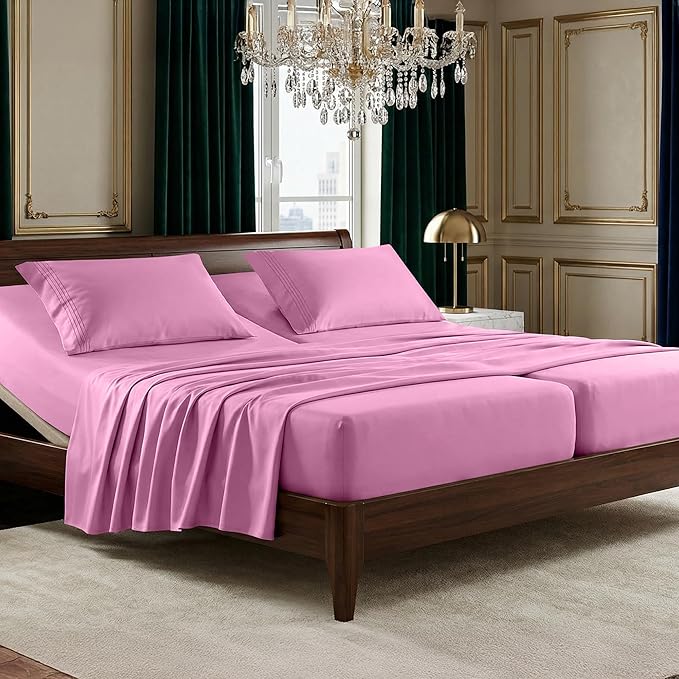 Elegant Comfort Luxurious 1500 Premium Hotel Quality Microfiber Three Line Embroidered Softest 5-Piece Bed Sheet Set, Wrinkle and Fade Resistant, Split King, Light Pink