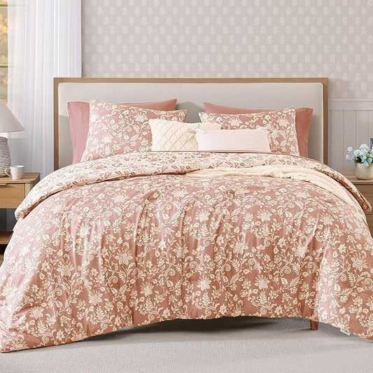 Twin XL Comforter Set -5 Pieces Floral Clay Pink Bedding Set for All Seasons, Bed in a Bag with Botanical Flowers Comforter, Sheets, Pillowcase & Sham