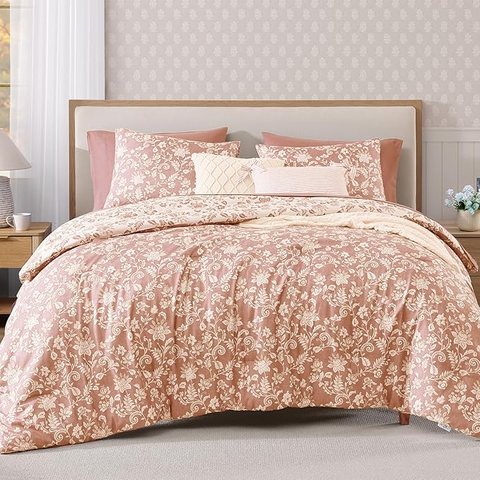 King Comforter Set -7 Pieces Clay Pink Floral Comforter Set for All Seasons, Bed in a Bag King with Botanical Flowers Comforter, Sheets, Pillowcases & Shams