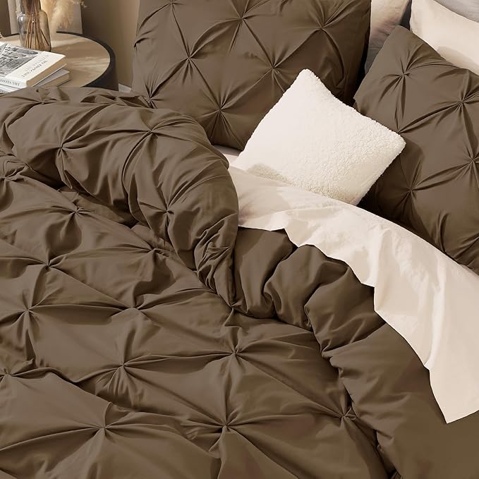 Litanika Brown Oversized King Pinch Pleat Duvet Cover, 3 Pieces Pintuck Cover Soft Microfiber Bedding Set with Zipper Closure & Corner Ties(1 Duvet Cover, 2 Pillowcases)