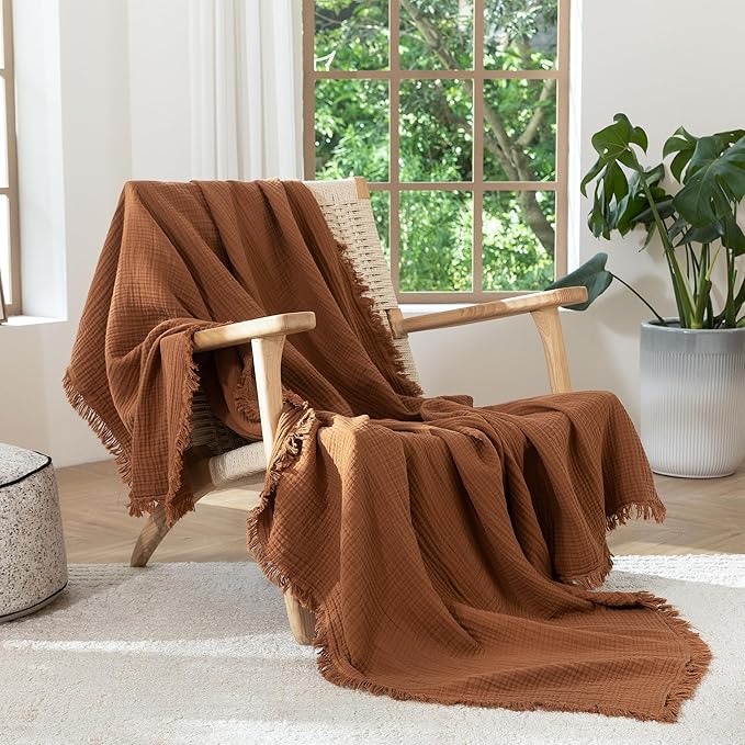 MooMee Muslin Blanket - 100% Cotton 4-Layer Gauze Throw Blanket with Tassels Ultra-Soft Breathable Lightweight Cooling for Bed Couch (Drak Orange,Oversized Queen 98" x 98")