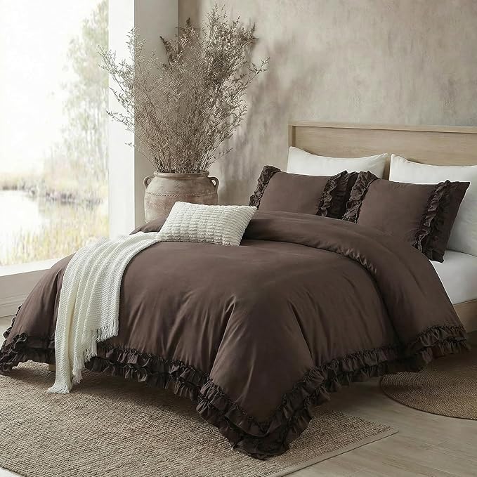 Dark Brown Duvet Cover Set Elegant Ruffled Bedding Twin Shabby Chic Lace Ruffle Boho Bedroom Decor Vintage Boho Style Chocolate Duvet Cover with Pillowcases