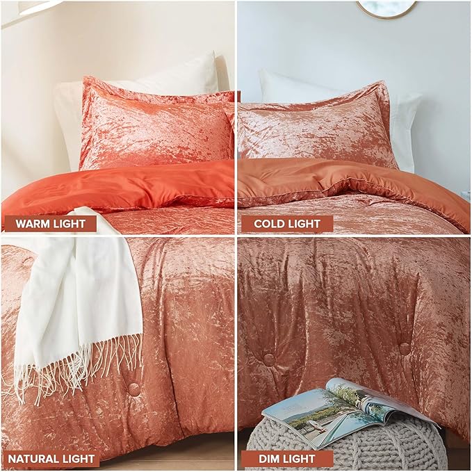 Comfort Spaces Luxe Velvet Comforter Set - King Size, Microfiber Reverse, Juliette, All Season, Fluffy Bed Set, Sham, Burnt Orange 3 Piece