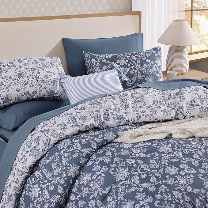 Twin XL Comforter Set -5 Pieces Floral Oxford Blue Bedding Set for All Seasons, Bed in a Bag with Botanical Flowers Comforter, Sheets, Pillowcase & Sham