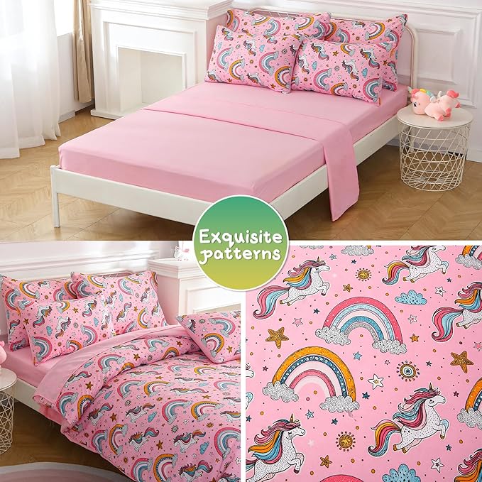 Glow in The Dark Kids Comforter Set, 7 Pieces Pink Unicorn Bedding Set Full Size for Boys Girls Teen, 1 Comforter, 2 Pillowcases, 2 Pillow Shams, 1 Flat Sheet, 1 Fitted Sheet