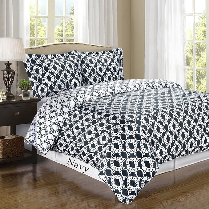 Royal Hotel Bedding Navy and White Sierri 3 Piece Twin/Twin XL Comforter Set 100% Cotton 300 Thread Count