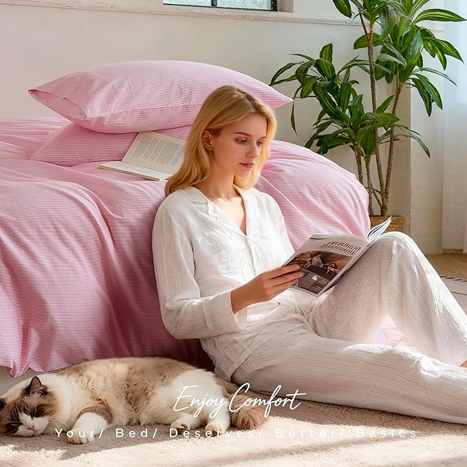 JELLYMONI 100% Natural Cotton 3pcs Striped Duvet Cover Sets,White with Pink Stripes Pattern Printed Comforter Cover,with Zipper Closure & Corner Ties(King Size)