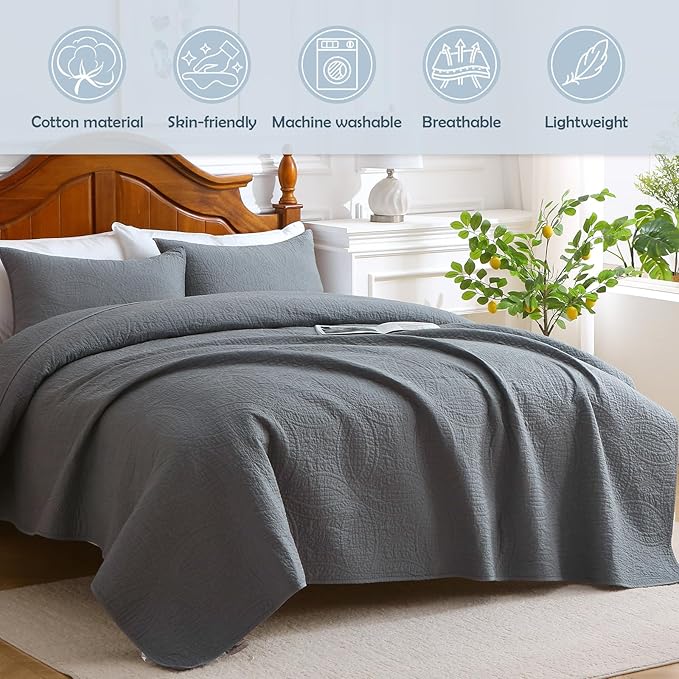 Gray 100% Cotton Twin Quilt Set, 3 Piece Modern Textured Bedspread with Coin Pattern, Lightweight Crinkly Coverlet Sham Set, Soft Minimalist All Season Bedding, Garment-Washed