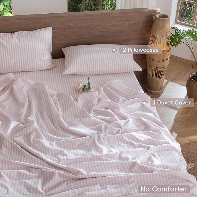 MooMee Striped Duvet Cover Set 100% Washed Cotton Linen Like Textured Breathable Durable Soft Comfy (Heathered Greyish Pink Classic Stripes, Palatial King/Oversized King 120"x98")
