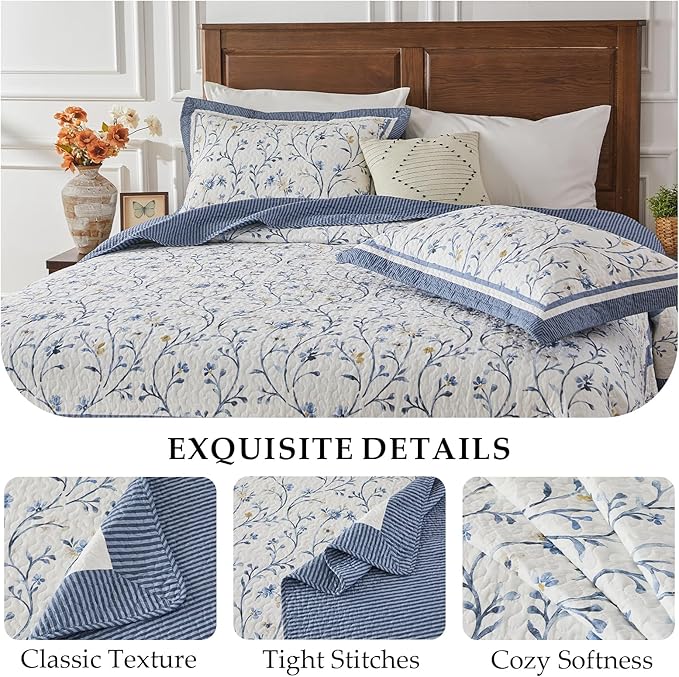 Oversized Queen Bedspread 102"x120" - 100% Cotton Lightweight All-Season Quilted Coverlet with Vine Floral Design - Elegant Farmhouse & Modern Bedding - Oversized Queen Quilt in Blue/White